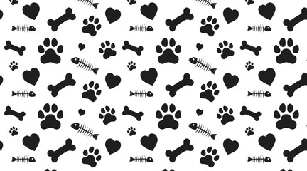 Cat and dog paw print seamless pattern with fish skeleton, bone and heart on white background vector.  © Abir Debnath
