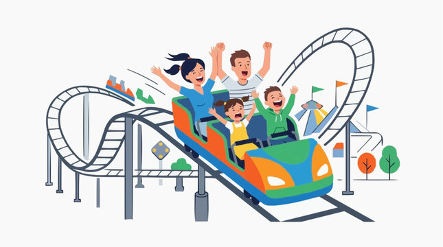 Capture the thrill and exhilaration of a family enjoying a high-speed roller coaster ride, their faces lighting up with pure joy and excitement. A vibrant theme park setting completes the scene.