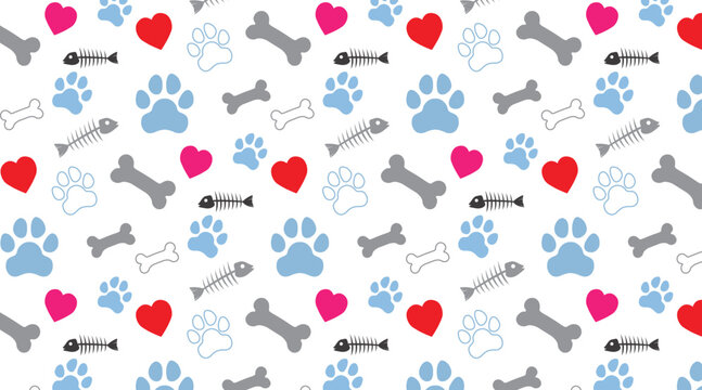 Pet paw print seamless pattern with bones fish skeletons and hearts vector background.