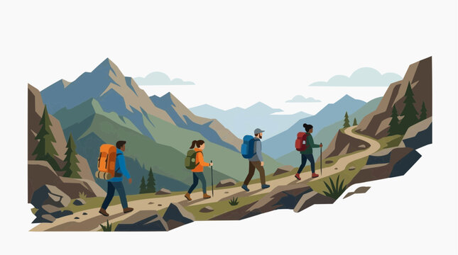 A group of hikers traverse a scenic mountain path, embodying the spirit of adventure and the beauty of nature. The illustration evokes a sense of journey, exploration, and the allure of the outdoors.