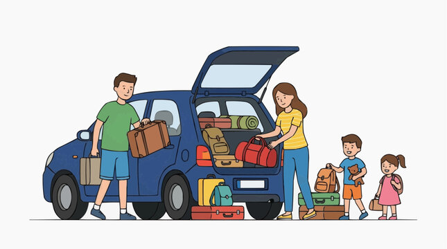A family eagerly prepares for a road trip, loading luggage into their car. A graphic depiction of excitement and anticipation for travel. 