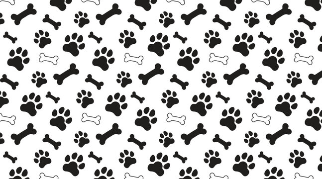 Pet paw print seamless pattern with bones and hearts cute animal background vector.