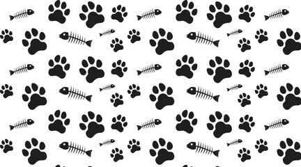 Fototapeta premium Cat paw print seamless pattern with fish skeleton on white background black and white vector.