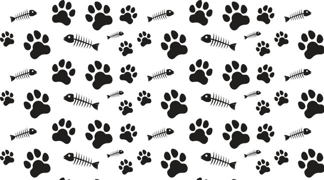 Cat paw print seamless pattern with fish skeleton on white background black and white vector.