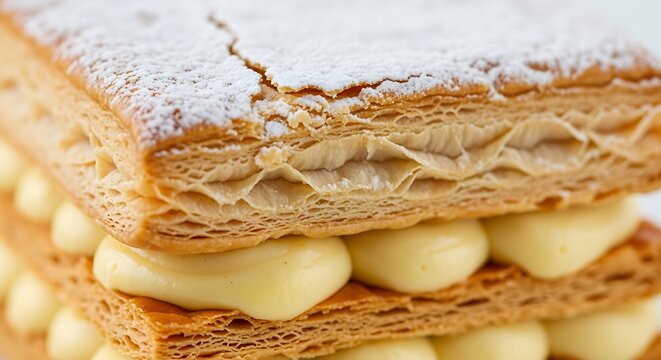 Delicate Layers of Vanilla Cream Pastry with Powdered Sugar