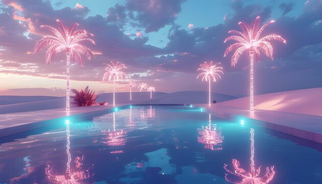 Neon Illuminated Palm Trees at Sunset Poolside in Desert Landscape