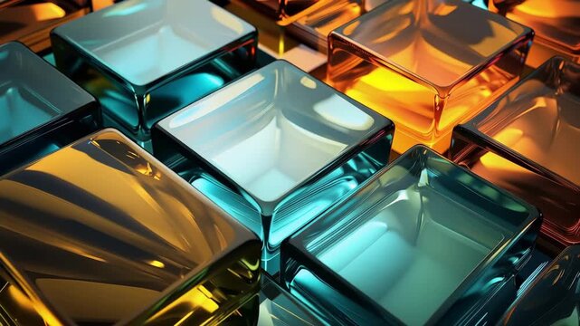 Colorful glass blocks of blue, orange, and yellow are lit up in different ways. The changing light highlights the texture and shape of each block in an indoor space.