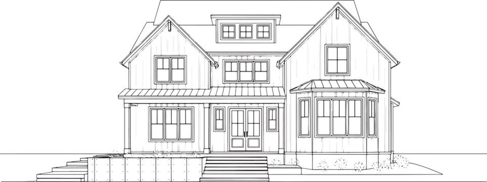 Architectural line drawing of a two story residential house with gabled roof and front porch for construction planning