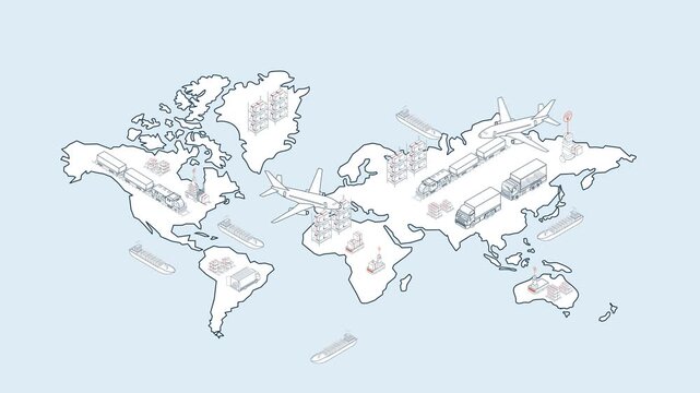 Global Logistics Isometric Animation with Smart Warehouse, AGV, Cargo Ship and Airplane Transport Worldwide Supply Chain.