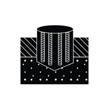 Concrete bored pile foundation with steel reinforcement bars. Underground structural engineering and deep foundation icon.