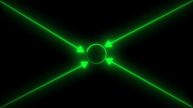 Four Green Neon Arrows Pointing Inward on Black Background direction convergence