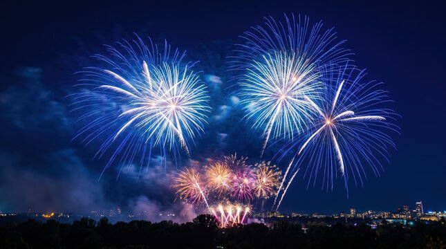 Bright blue and gold fireworks exploding in the night sky over a dark city skyline silhouette with light smoke trails and glowing sparks against a deep navy blue background during a celebration
