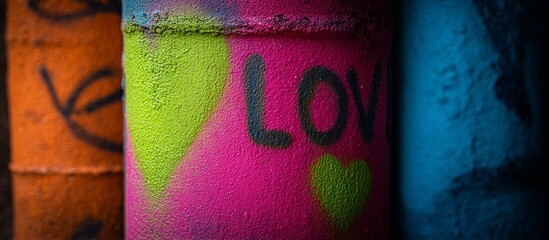 Fototapeta premium Abstract Close-up of Vibrant Street Art Graffiti Featuring the Word LOVE and Hearts