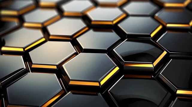 A close-up view shows black and gold hexagonal patterns. The focus shifts between the shapes, revealing their design and texture. This highlights the material's unique features and colors.