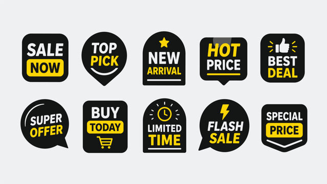 Set of ten discount and sale labels including best deal, top pick, hot price, new arrival and flash sale.