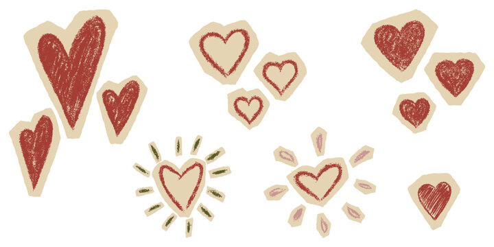 Hand Drawn Set of Heart Stickers and Cutout Paper Scraps. Aesthetic Cottagecore and Zine Collection for Scrapbook, Journal and Magazine. Whimsical Crayon Texture Vector Illustration.