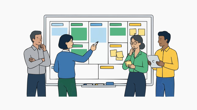 A team collaboratively brainstorms ideas in a bright and well-lit office, each person deeply engrossed in thought as they analyze and strategize around a project management board.