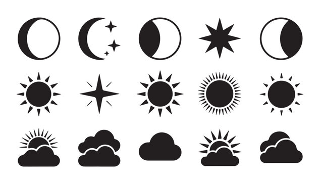 Collection of weather forecast icons showing sunny cloudy moon phases and star elements set.