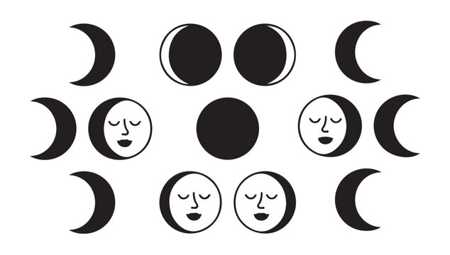 Decorative lunar cycle with smiling moon faces and crescent shapes for celestial decoration.