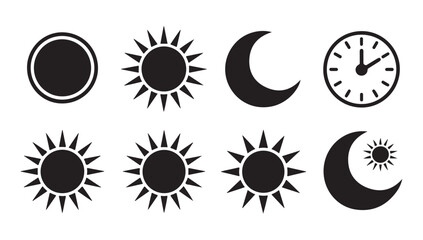 Solar and lunar time management symbols showing day and night cycles with sun and moon icons. © VANU