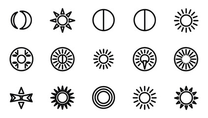 Set of black outline crescent moon and sun symbols on white background for astronomy astrology. © VANU