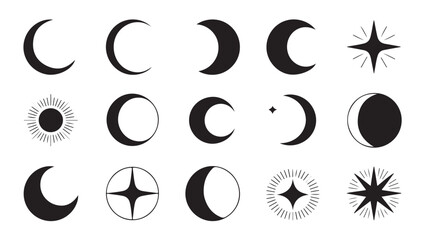 Set of black silhouette crescent moon and sun symbols on white background for astronomy astrology. © VANU