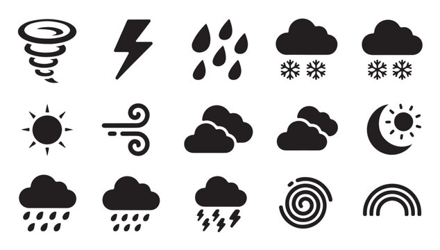 Black weather icons set displaying tornado lightning rain snow sun wind clouds and moon phases.