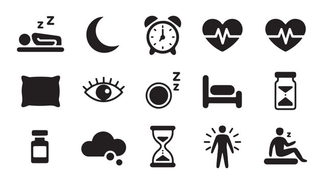 Healthy sleep hygiene icons showing bedtime routine insomnia treatment and resting concepts.