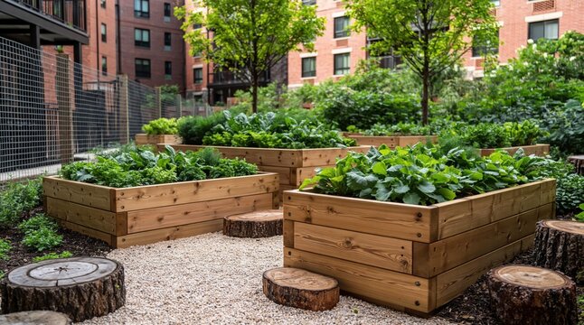 View of wooden raised garden beds filled with lush green vegetables in city community garden space with brick buildings in background. High quality photo