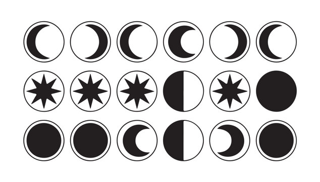 Complete lunar cycle and star geometric pattern icons within circle frames for minimal art.