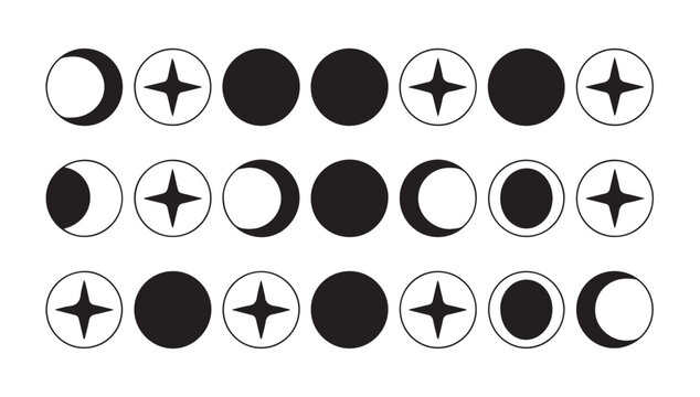 Abstract celestial grid with starry shapes and moon phase circles for occult design projects.