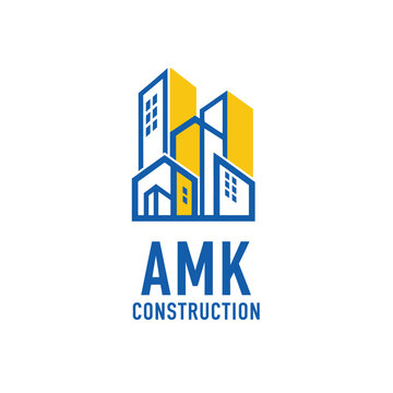 AMK Construction logo featuring modern buildings and houses in blue and yellow.