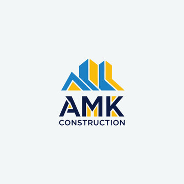 AMK Construction logo with abstract building shapes in blue and yellow.