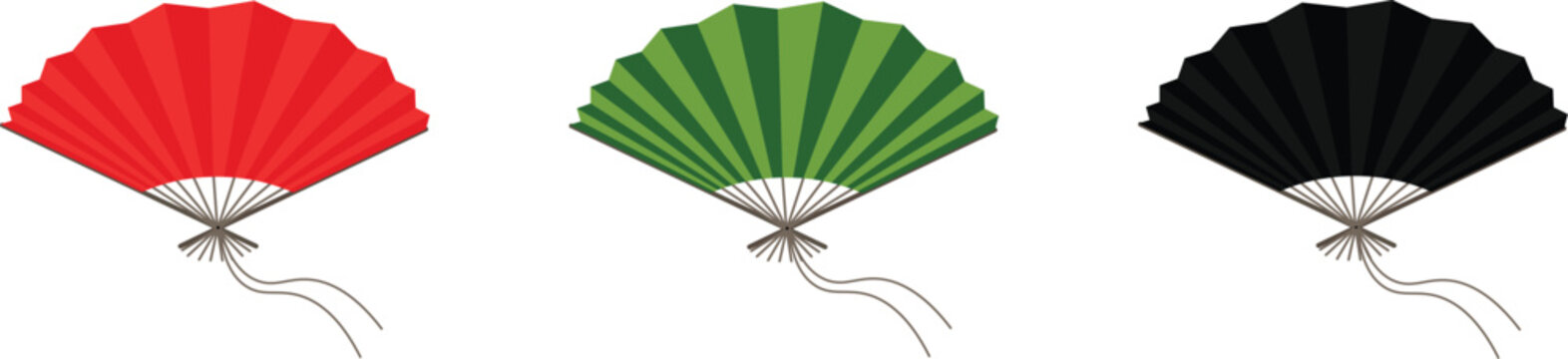 Traditional Japanese Folding Fans Vector Set. Red, Green, Black Hand Fans
