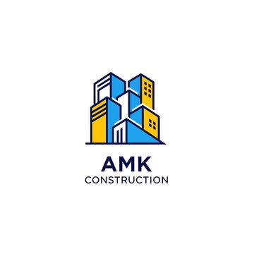 Modern AMK Construction Logo with Stylized Blue and Yellow Buildings.