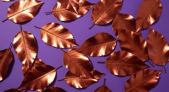 Copper Leaves on Purple Background.
