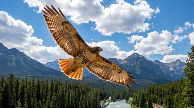 Hawk flying over a mountain forest landscape