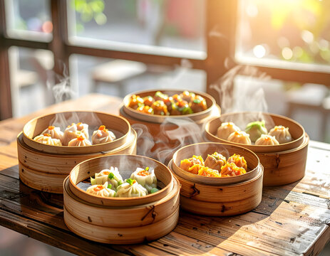 Steaming Aesthetic Dimsum Feast with Warm Morning