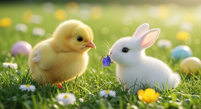 Two fluffy white and yellow ducklings standing on green grass with wildflowers white ducklings