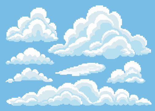 pixel art clouds on blue background fluffy white formations