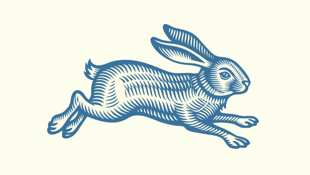 Running hare illustration vintage woodcut style on white background