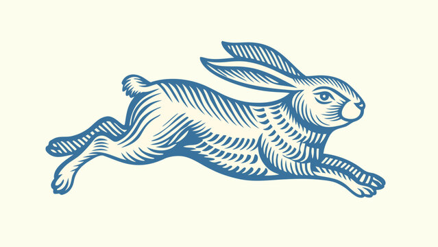 Running hare illustration blue line art on white background