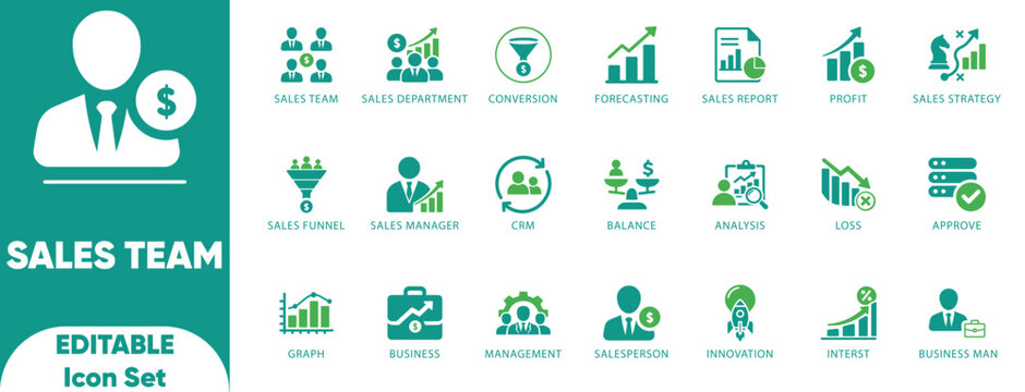 Sales team icon set. prospect, conversion, sales report, marketing, funnel, lead generation, illustration, collection,and solid icons.