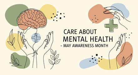 Fototapeta premium Mental Health Awareness Month concept with brain and hands.