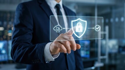 Obraz premium Man in suit touching digital interface with cloud security shield holographic