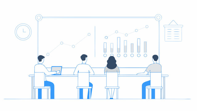 business meeting illustration with data analysis charts and team members
