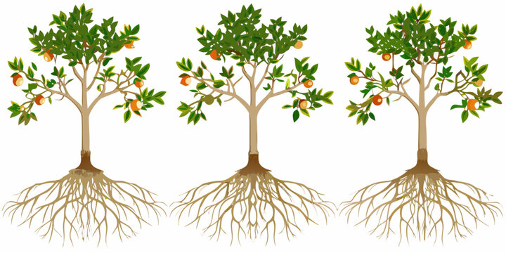 Peach tree growth stages illustration with roots and fruit
