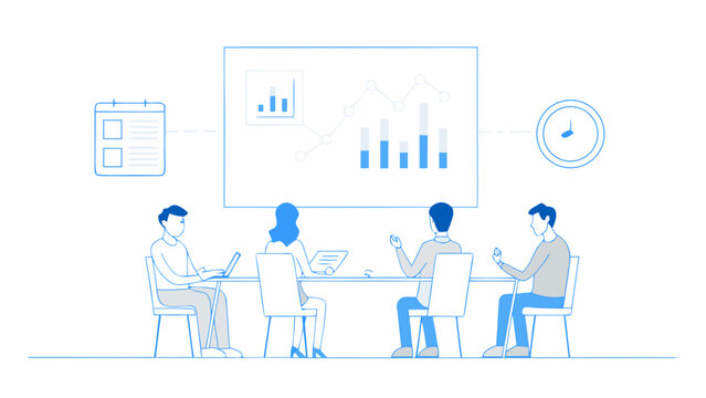 business meeting with data analysis presentation line art illustration