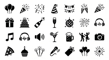 Party celebration icon set black and white flat pictogram isolated on white background