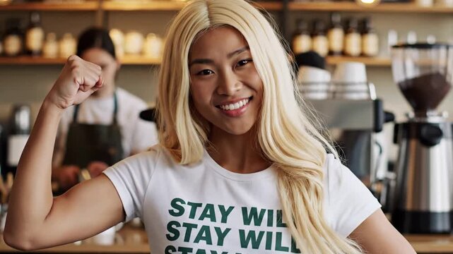 A happy woman flexing her arm muscles in a modern coffee shop cafe